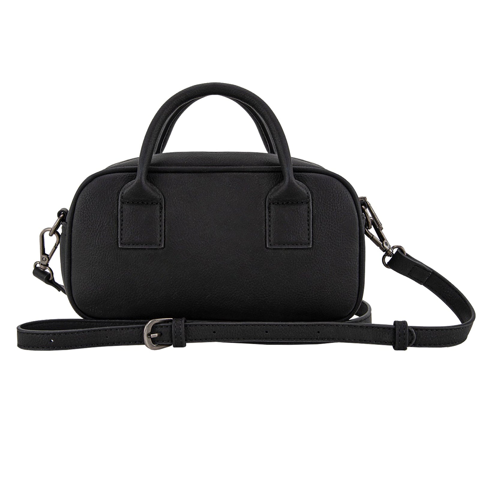 Black handbag with a strap on a white background