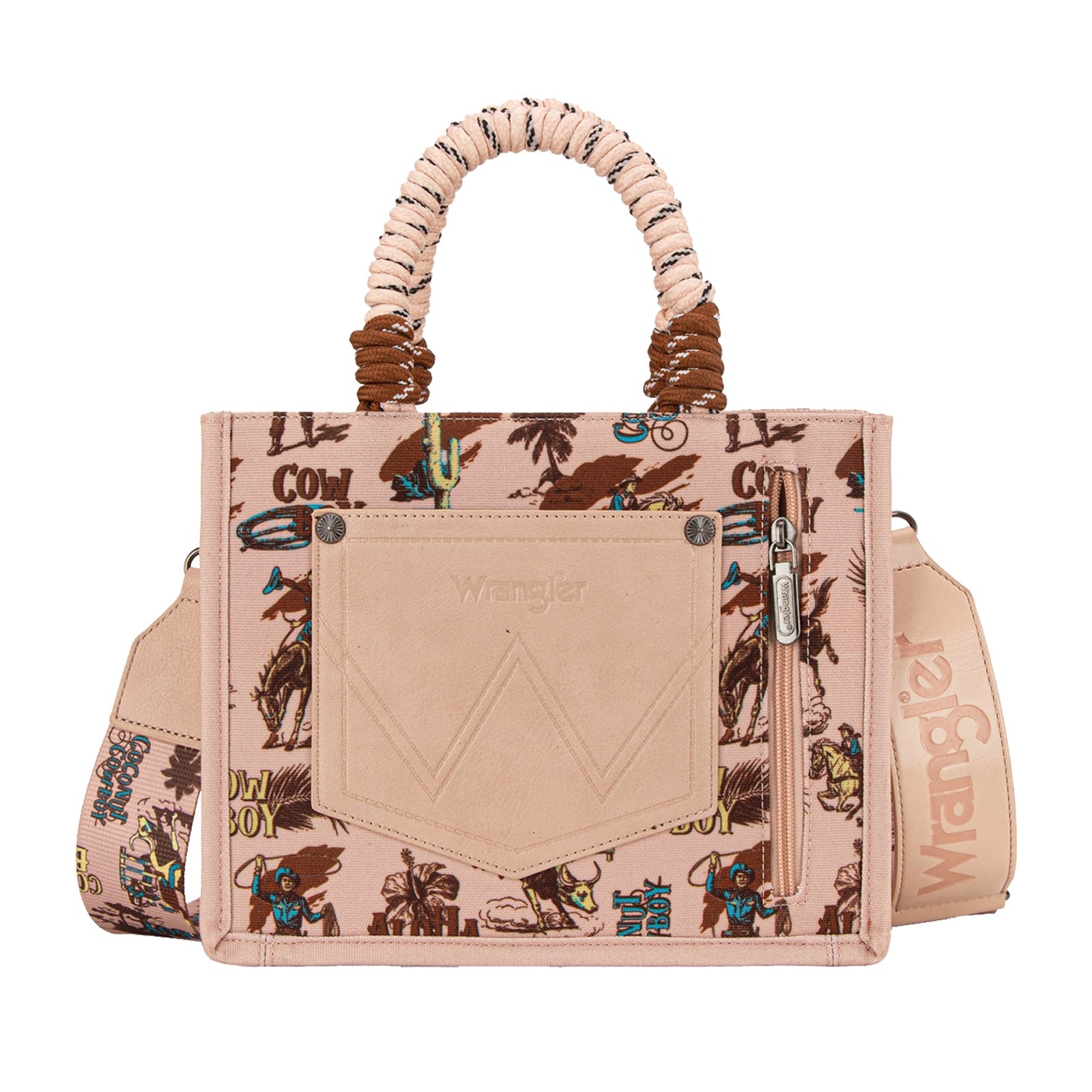 Beige handbag with floral patterns and 'Wrangler' branding on a white background