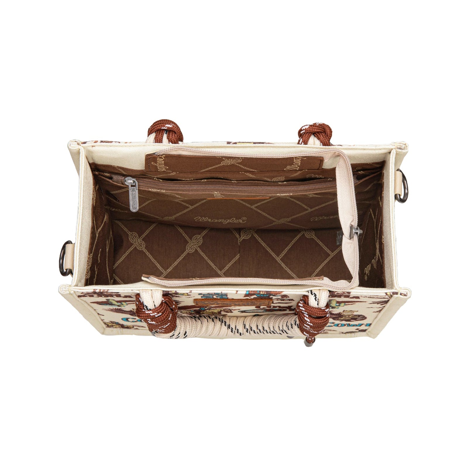 Open handbag with brown interior on a white background
