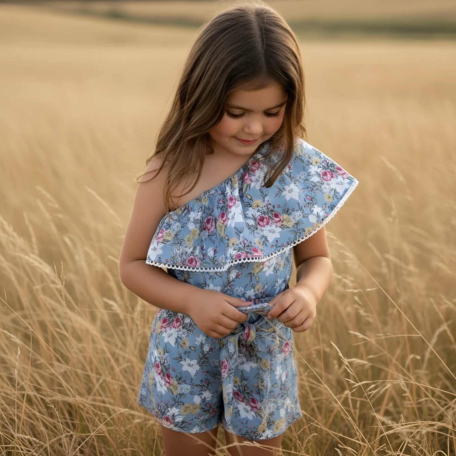 A young girl with long brown hair stands in a golden wheat field wearing a light blue floral one-shoulder romper with a ruffled collar and matching shorts.