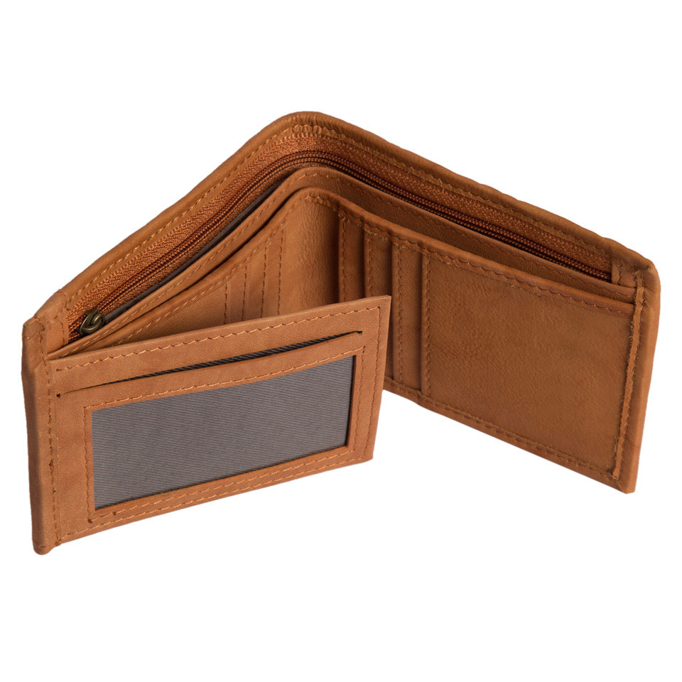 Men's Slim Embossed Gents Wallet. A brown embossed leather gents wallet with a slim design, featuring card compartments and a coin zipper.