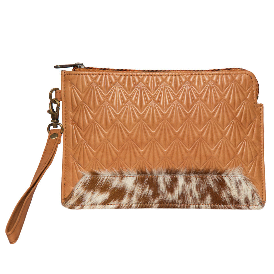 The Design Edge Women's Detroit Embossed Clutch. A brown embossed leather clutch with cowhide details at the bottom and a zipper closure, including a detachable wrist strap.
