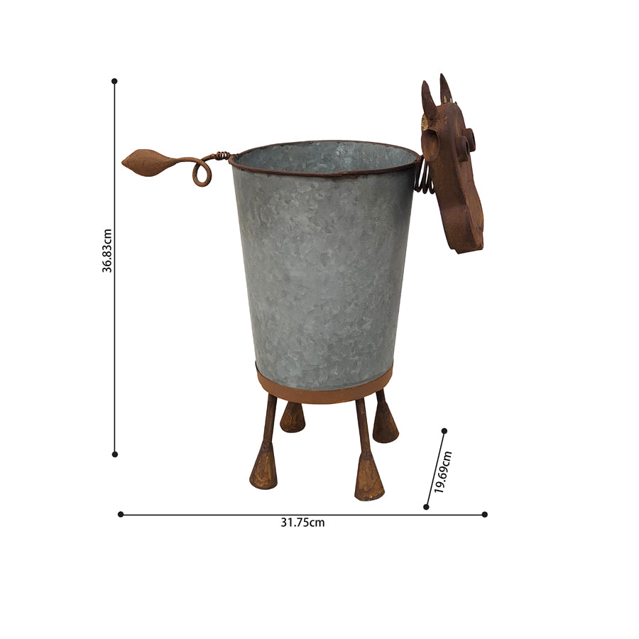 Rusty Cow Planter w/ Galv Pot. Decorative metal goat-shaped planter with dimensions on a white background