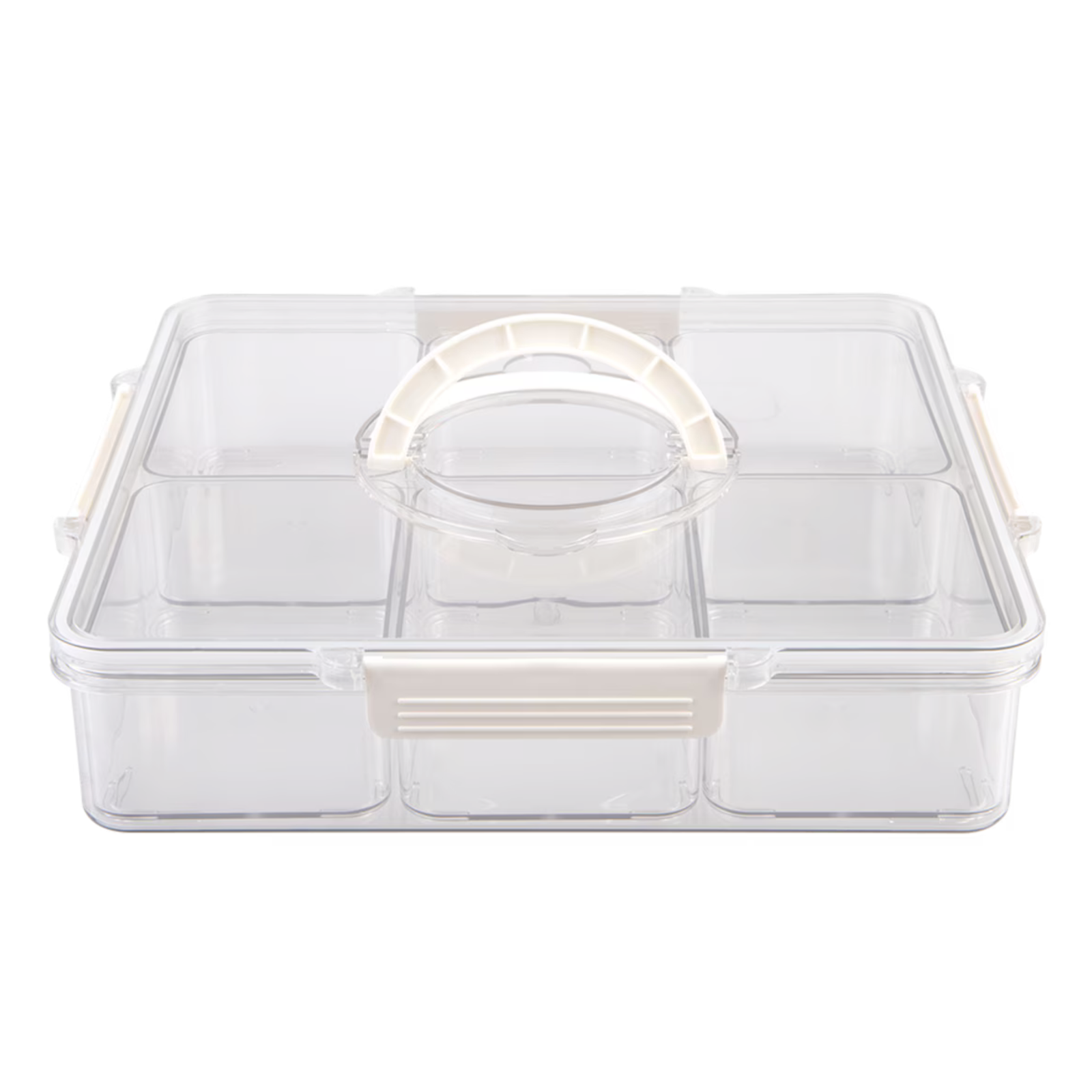 A clear plastic multi-compartment organizer box with a hinged lid, cream-colored handle, and side handles, shown on a plain white background.