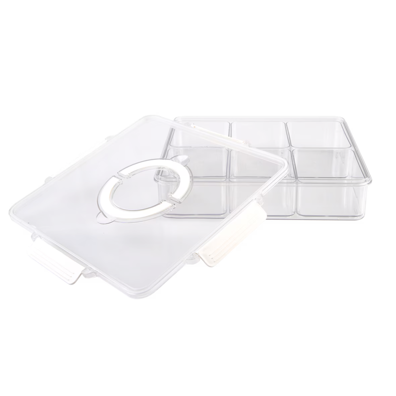 A clear plastic multi-compartment organizer box with a matching lid, shown on a plain white background.