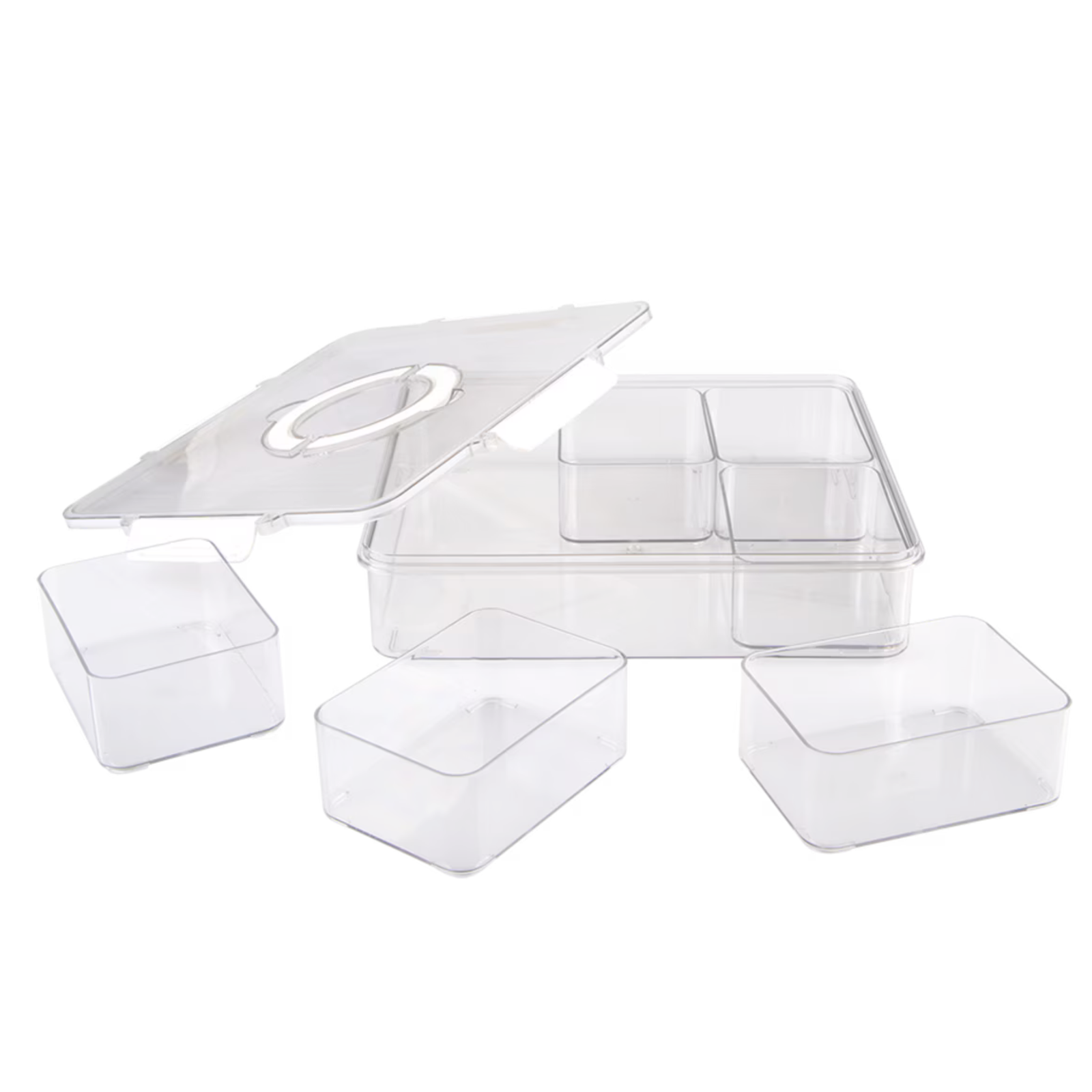 A set of clear plastic storage containers, including a larger rectangular multi-compartment container with a matching lid and four smaller square containers, shown on a white background.