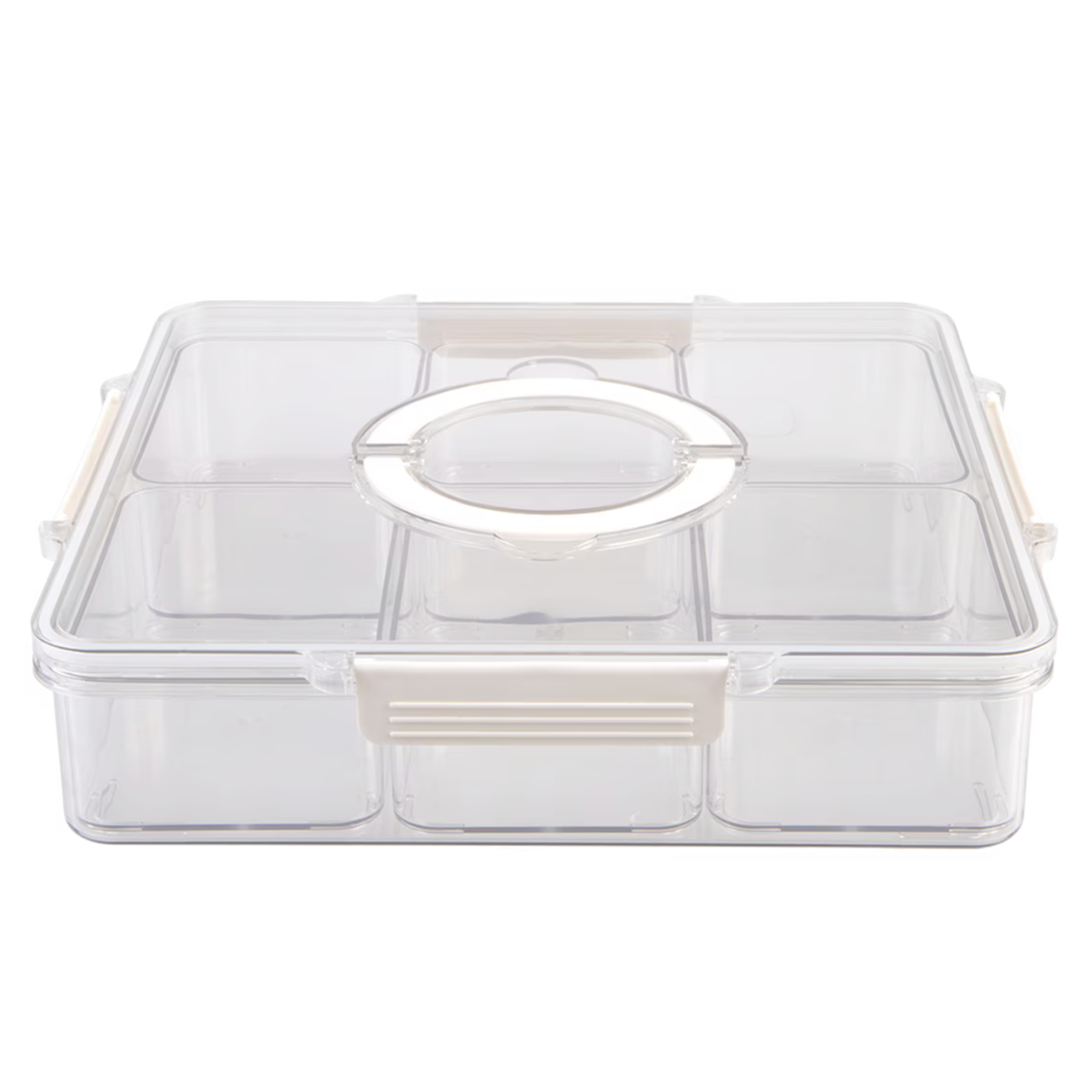 A clear plastic multi-compartment organizer box with a hinged lid and beige plastic latch details, shown on a solid white background.
