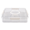 Clear plastic storage box with compartments on a white background