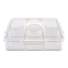 A clear plastic multi-compartment organizer box with a hinged lid and a cream-colored handle, shown on a solid white background.