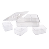 Set of clear plastic containers with lids on a white background