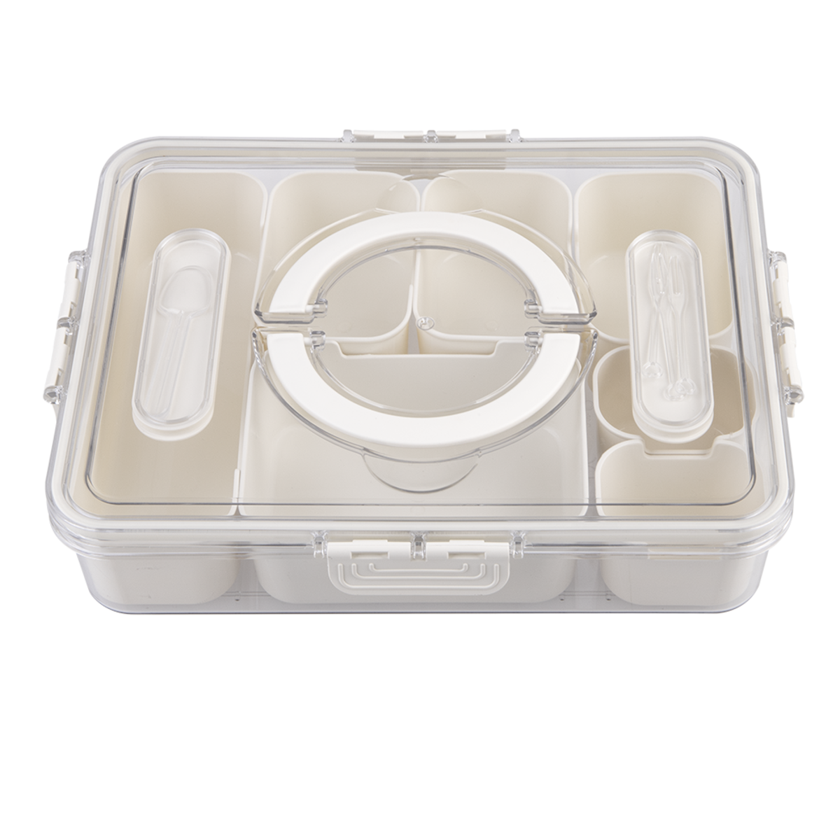 Pizzazz Rectangular 7 Comaprtment Grazing Box w/ Carry Handles & Food Picks. Clear plastic container with a white circular object inside on a white background