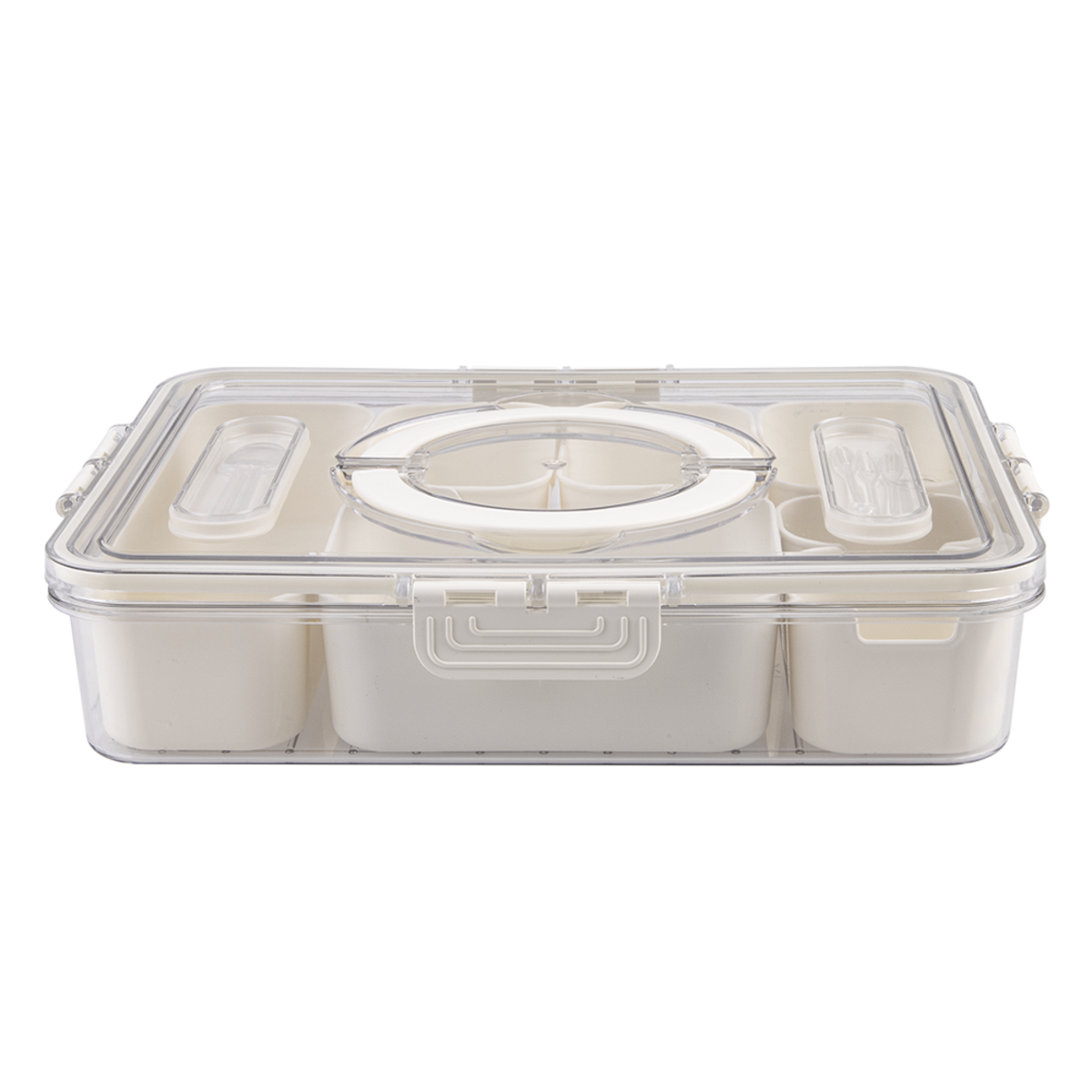Pizzazz Rectangular 7 Comaprtment Grazing Box w/ Carry Handles & Food Picks. Clear plastic container with a lid on a white background