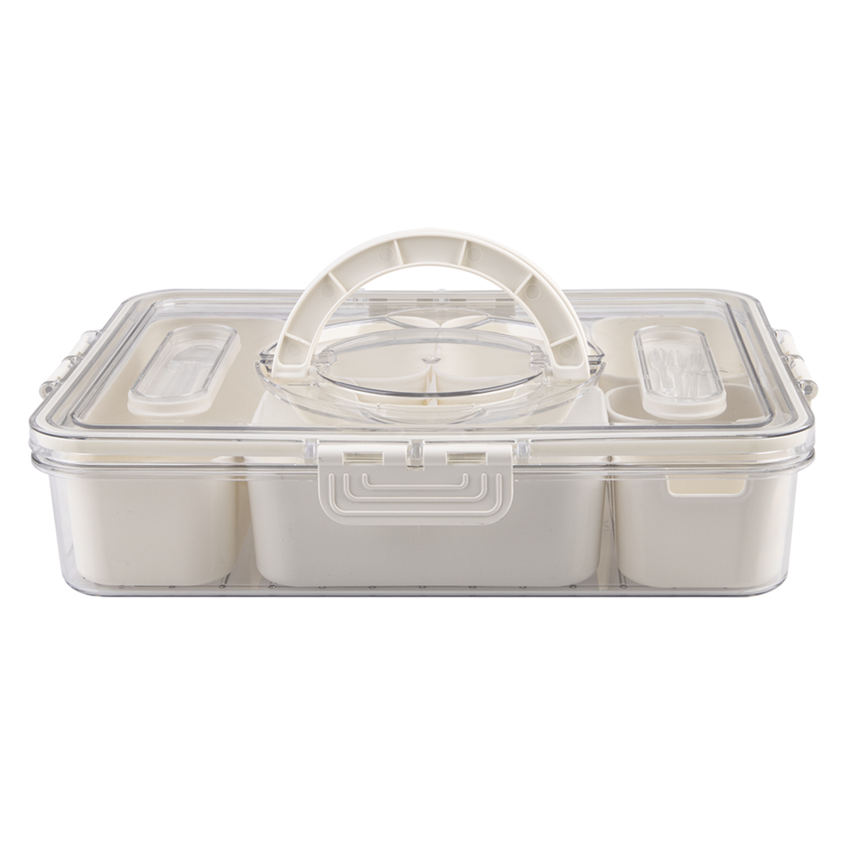 Pizzazz Rectangular 7 Comaprtment Grazing Box w/ Carry Handles & Food Picks. Clear plastic storage box with compartments and a handle on a white background