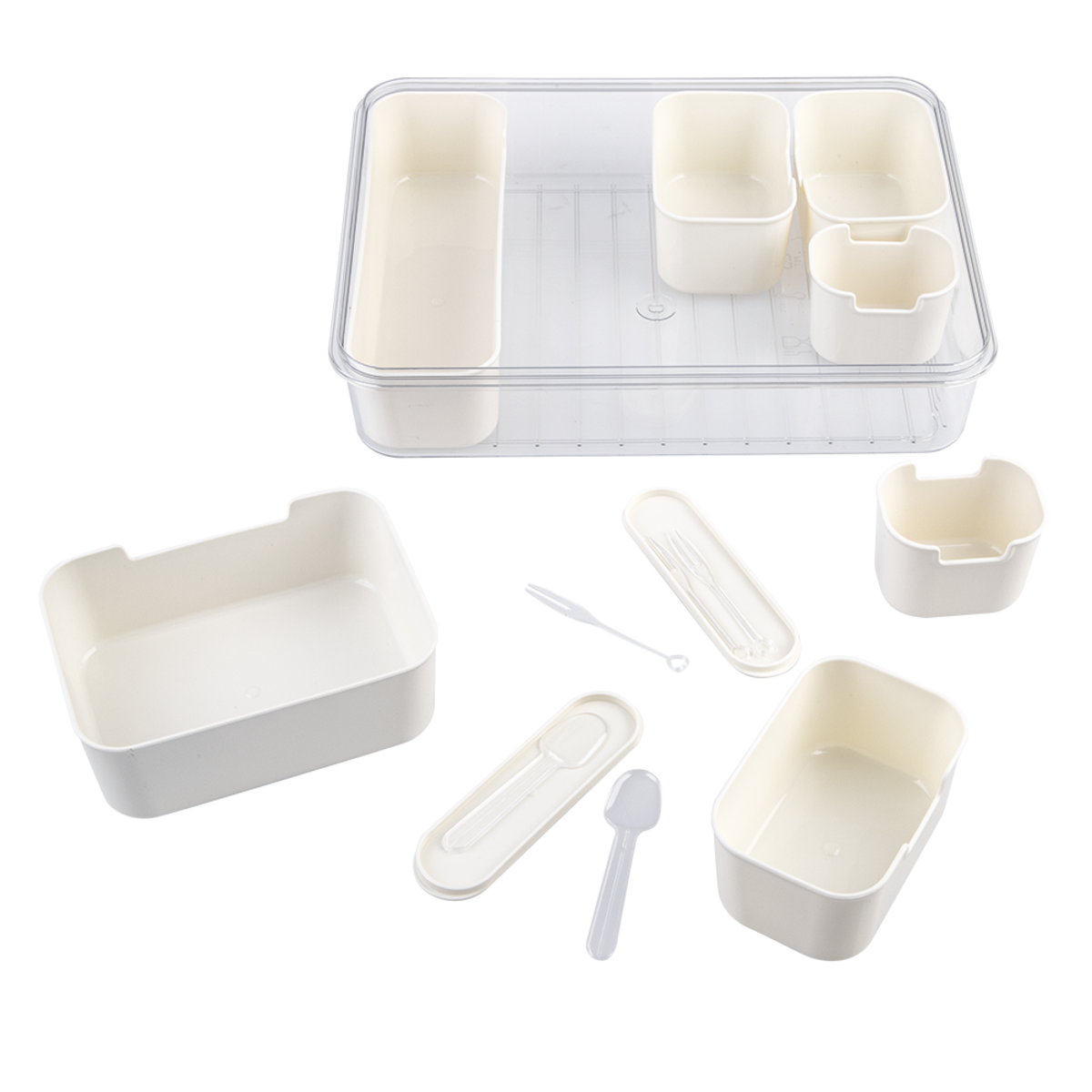 Pizzazz Rectangular 7 Comaprtment Grazing Box w/ Carry Handles & Food Picks. Set of white and clear plastic containers with compartments on a white background