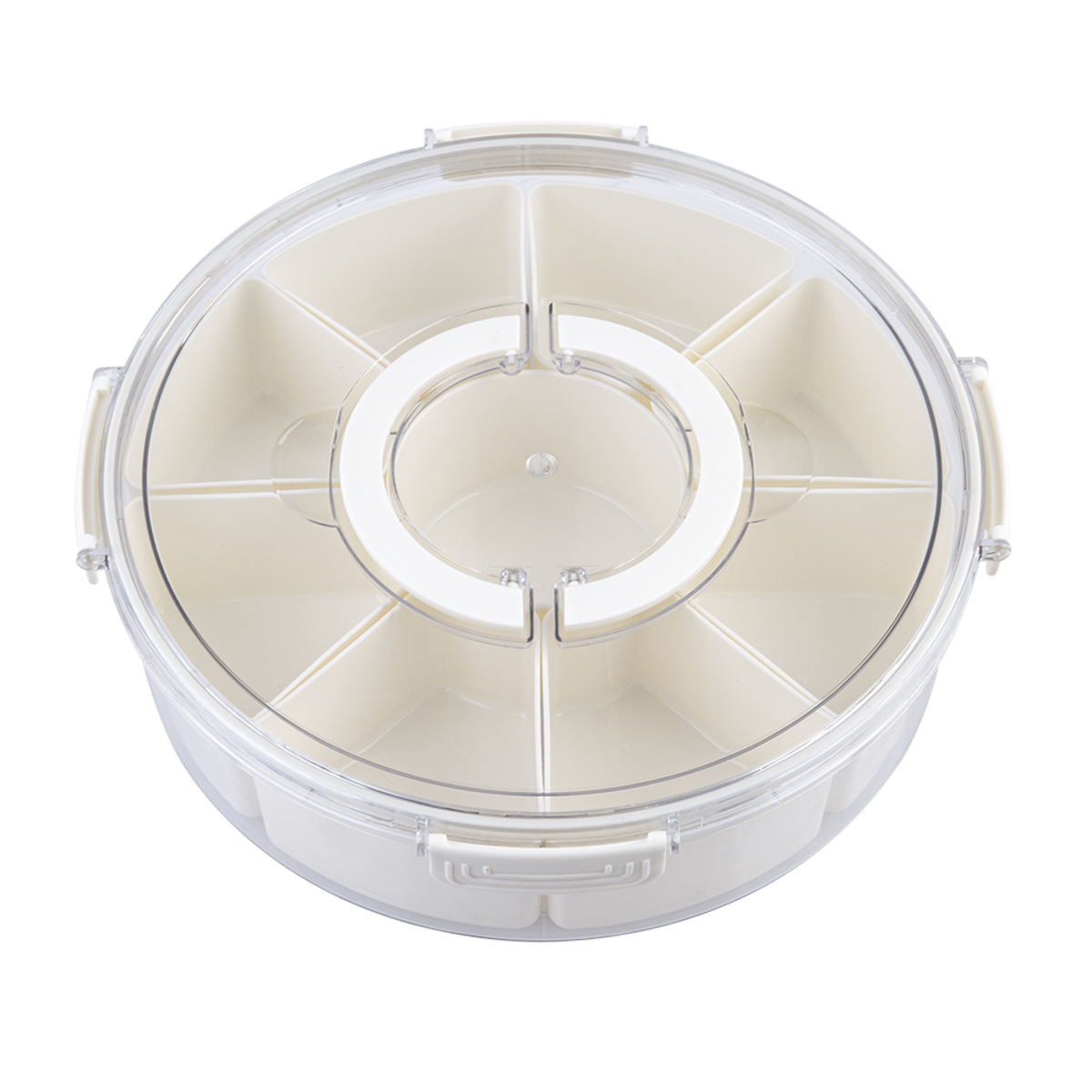 Pizzazz Round 9 Compartment Grazing Box w/ Carry Handles . Round white filter with a central circular design on a white background