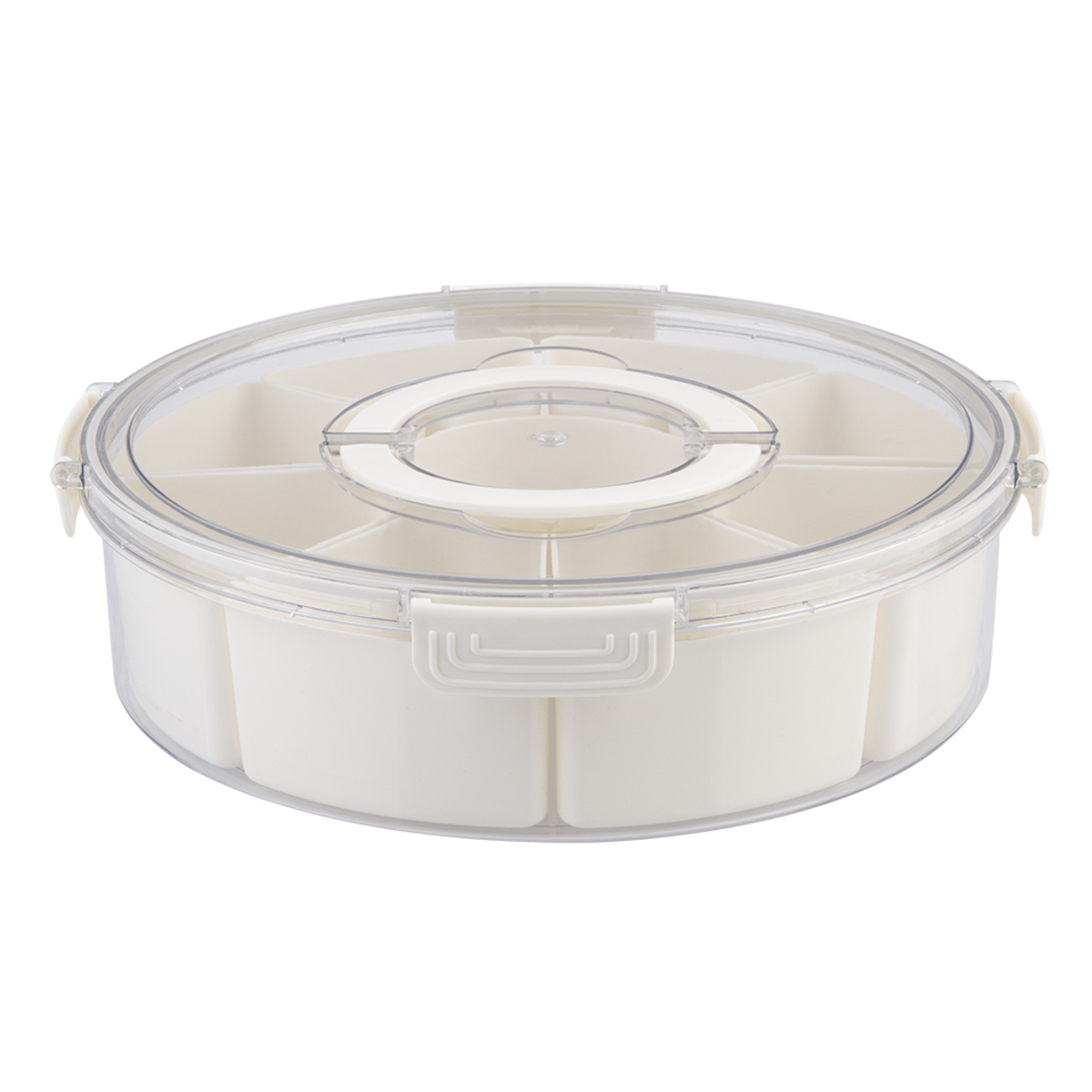 Pizzazz Round 9 Compartment Grazing Box w/ Carry Handles . Round transparent container with a beige lid on a white background