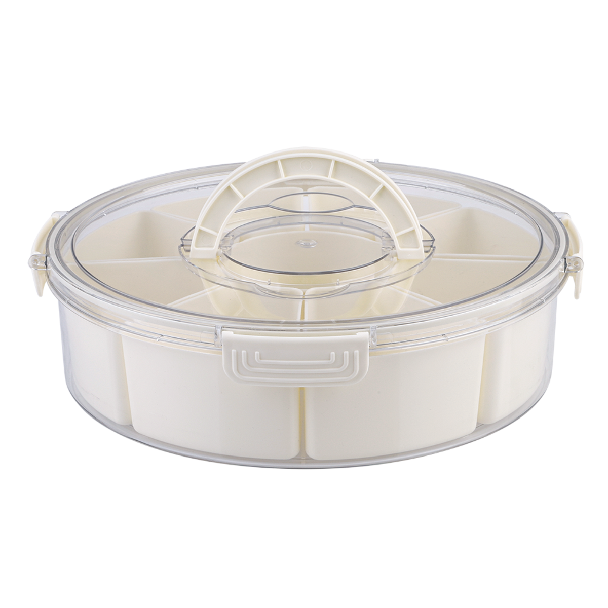 Pizzazz Round 9 Compartment Grazing Box w/ Carry Handles . Round plastic container with a clear lid on a white background