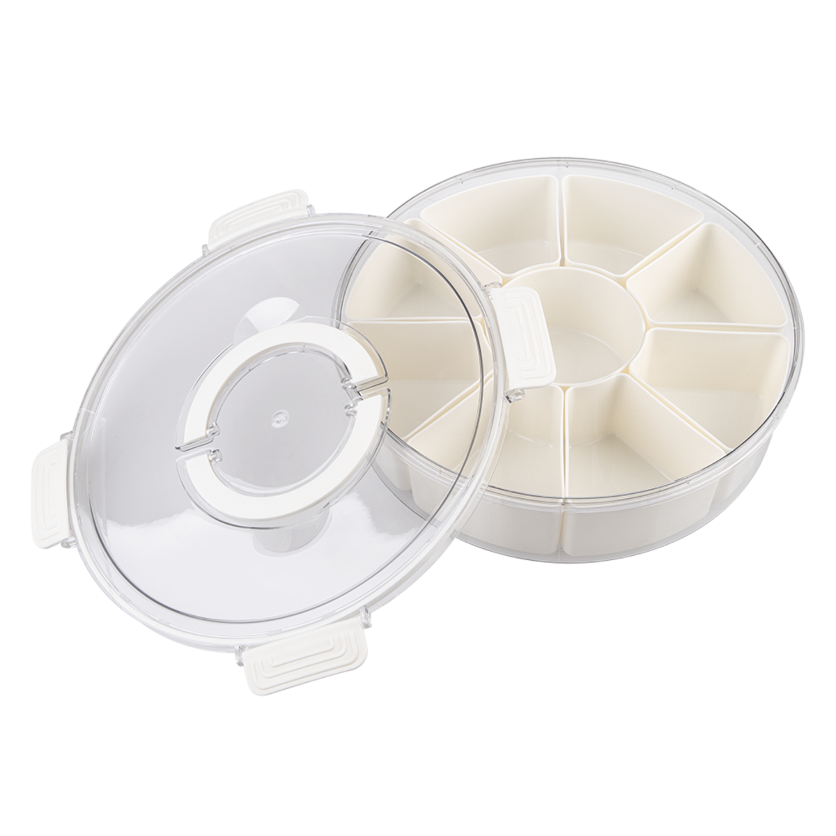 Pizzazz Round 9 Compartment Grazing Box w/ Carry Handles . Round plastic container with a clear lid on a white background