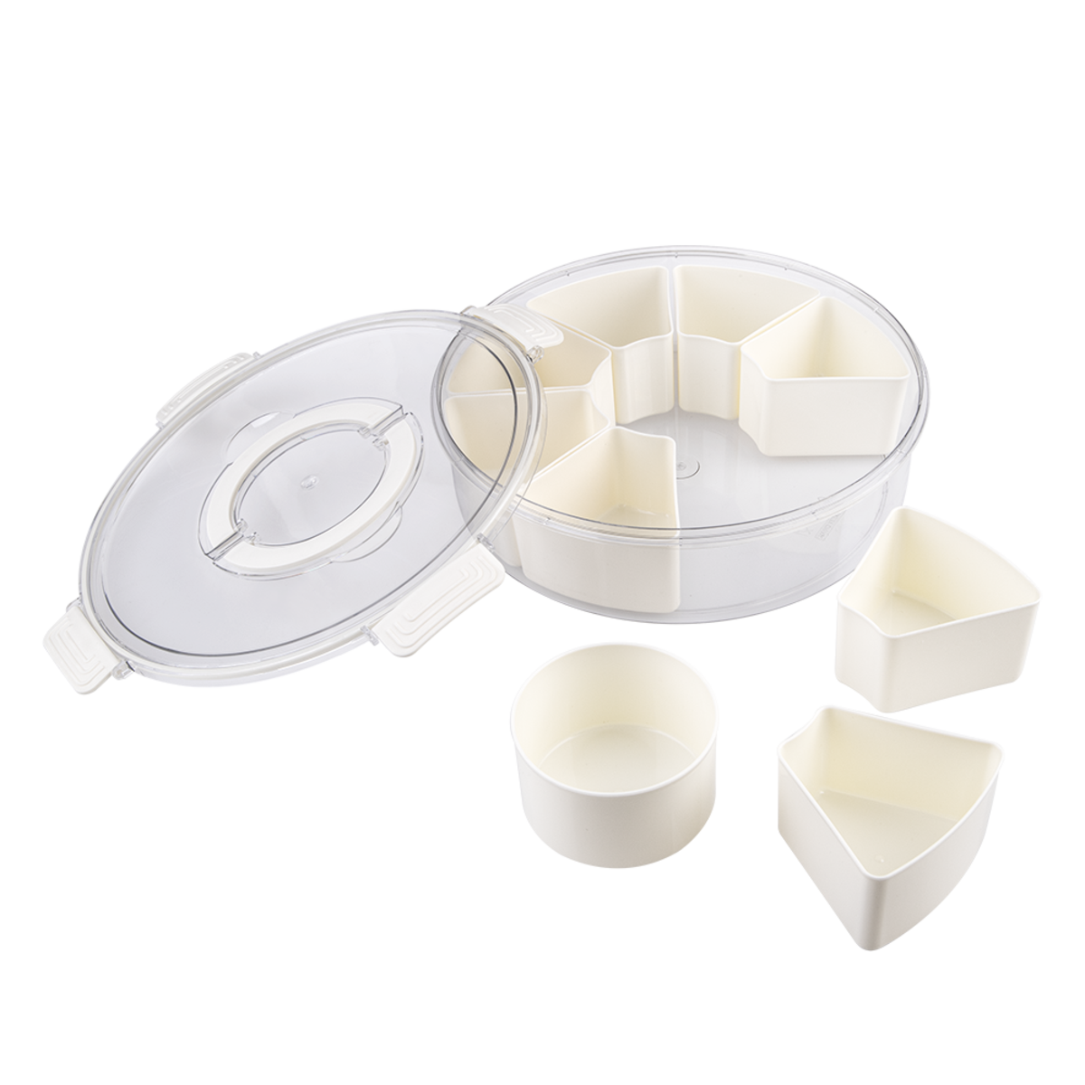 Pizzazz Round 9 Compartment Grazing Box w/ Carry Handles . White plastic container with compartments on a white background