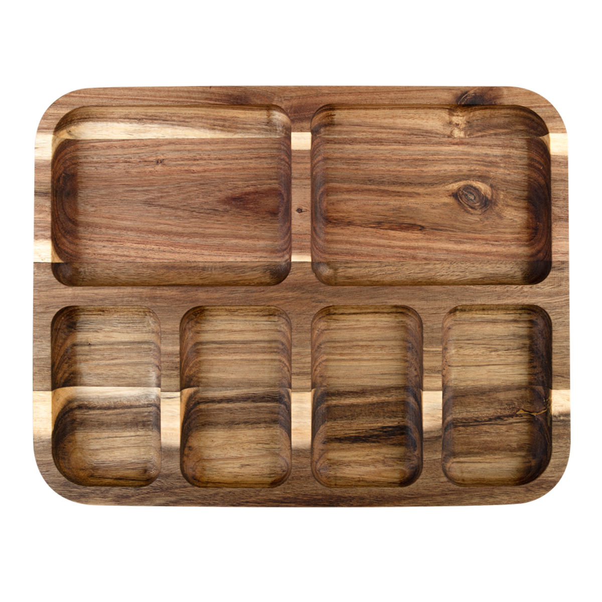 Alfresco Lane Acacia Wood 6 Compartment Rectangular Grazing Platter with Lid. Wooden tray with compartments on a white background