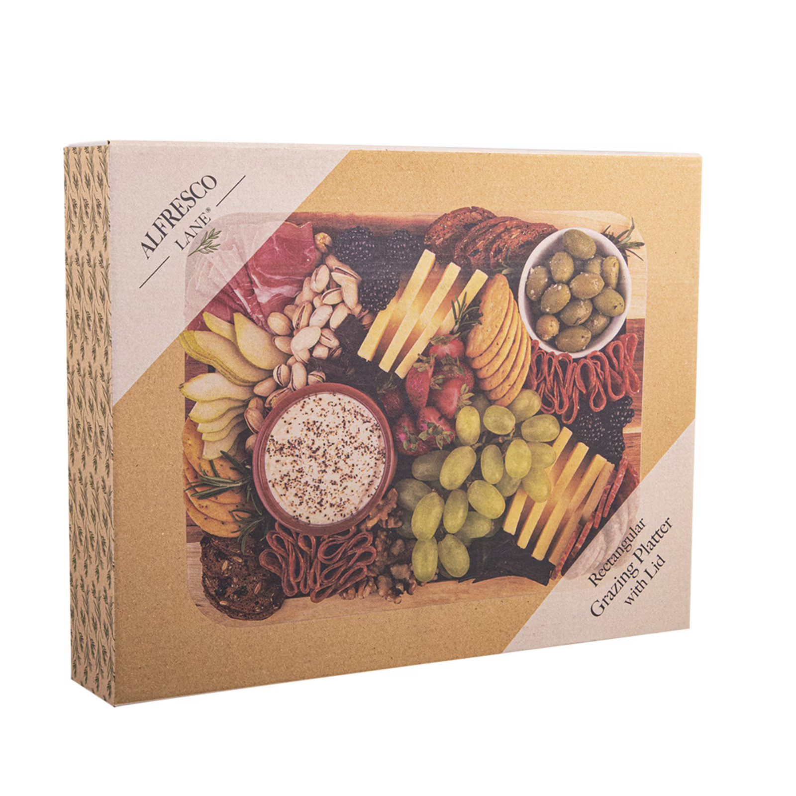 Alfresco Lane 'Rusticated Grazing Barter with Lid' gift box, featuring a detailed illustration of a grazing bar setup on a kraft paper background.