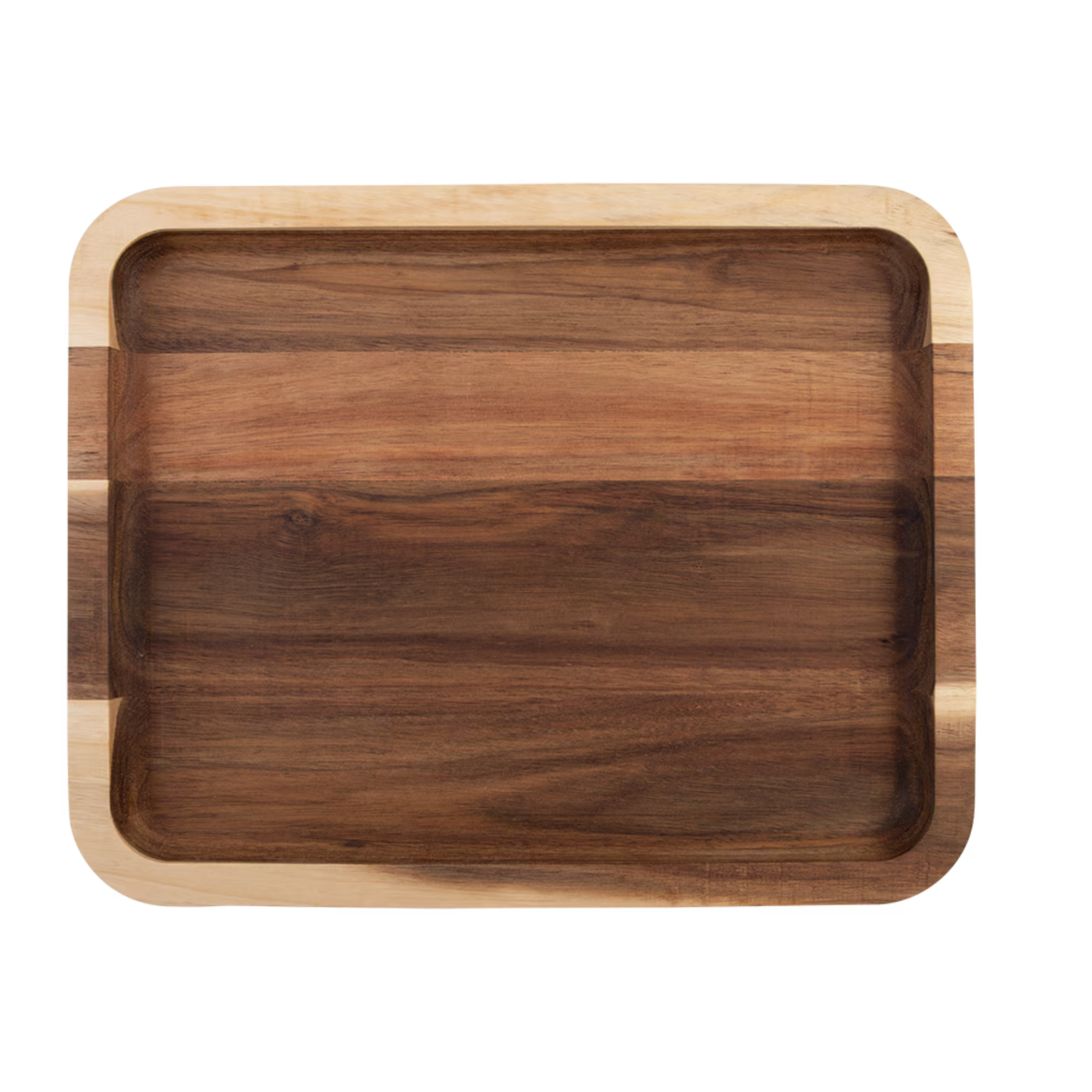 A rectangular wooden serving tray with rounded corners, featuring a dark brown center and a lighter natural wood border, shown from a top-down view on a white background.