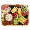 A beautifully arranged charcuterie board on a light wood tray, featuring cheeses, cured meats, nuts, berries, grapes, and a bowl of olives, isolated on a white background.