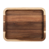A rectangular wooden serving tray with rounded corners, featuring a dark brown center panel and a lighter natural wood border, shown from a top-down view on a white background.