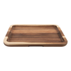 A rectangular wooden serving tray with a dark brown center and a lighter beige wood rim, shown on a plain white background.