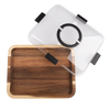 A rectangular wooden serving tray with a clear plastic lid featuring black latch handles and a circular clear insert, shown on a white background.