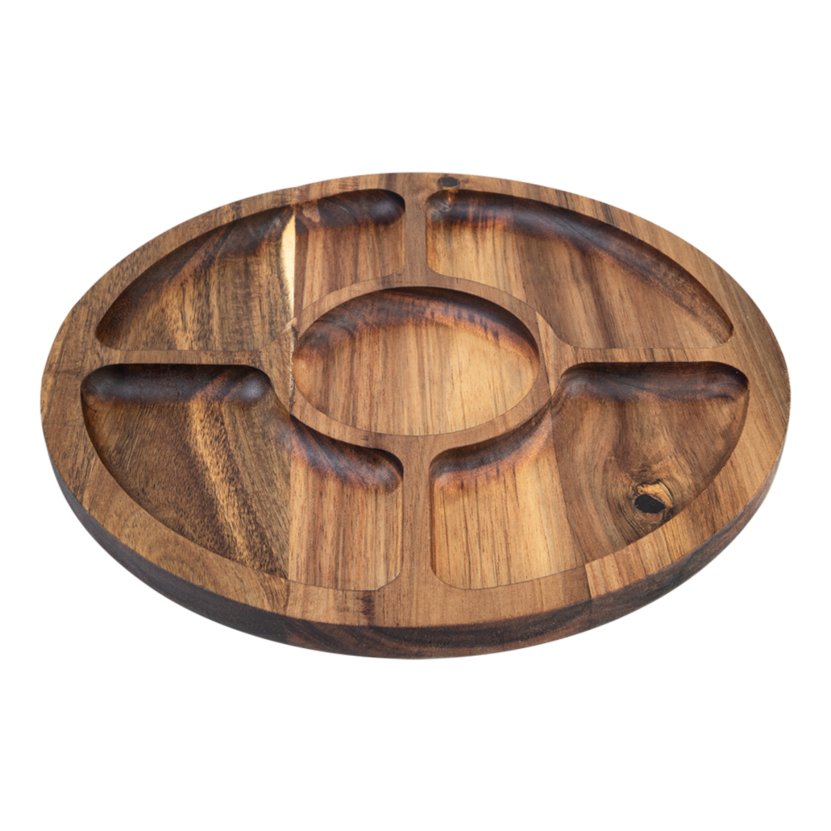 Alfresco Lane Acacia Wood 5 Compartment Round Grazing PLatter with Lid. Wooden cutting board with bull head design on a white background