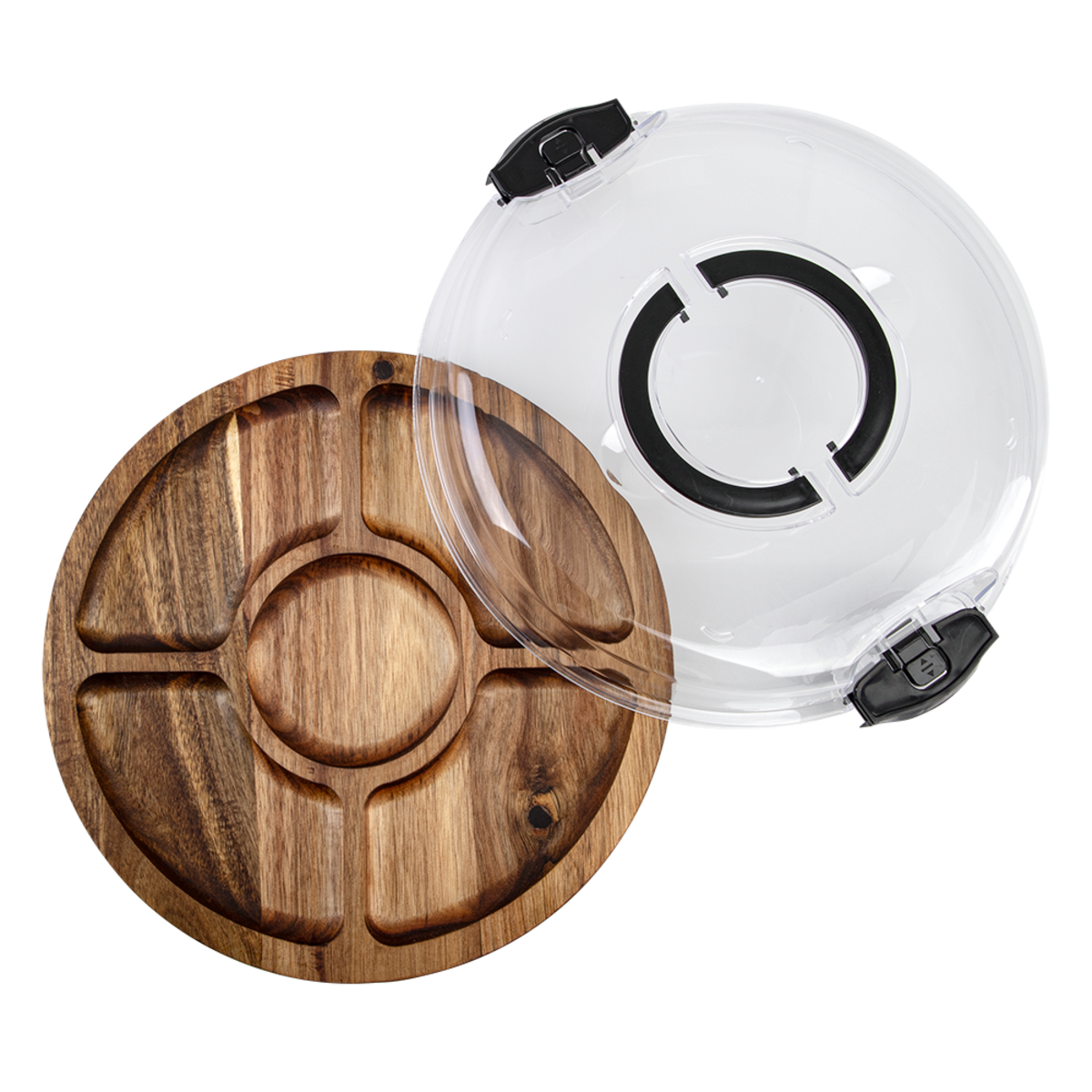 Alfresco Lane Acacia Wood 5 Compartment Round Grazing PLatter with Lid. Wooden tray with a clear lid on a white background
