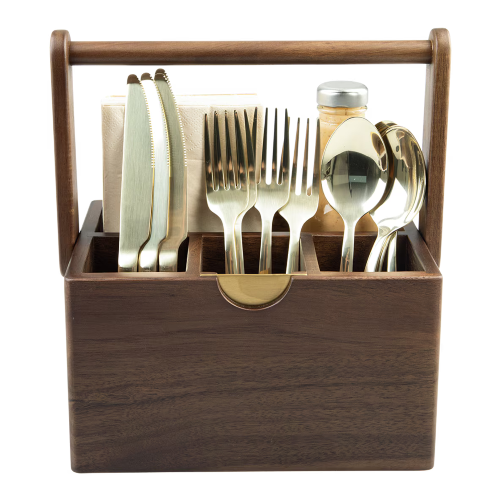 A wooden cutlery organizer with a handle, holding silver-toned flatware and gold-toned utensils, set against a plain white background.