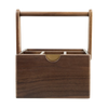 A dark brown wooden organizer box with a built-in handle, divided into multiple compartments, featuring a small brass pull-out drawer on the front, set against a plain white background.