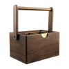 A dark brown wooden organizer caddy with a top handle and a small gold pull accent, shown on a plain white background.