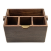 A dark brown wooden organizer box with three compartments and a brass pull handle, shown on a plain white background.
