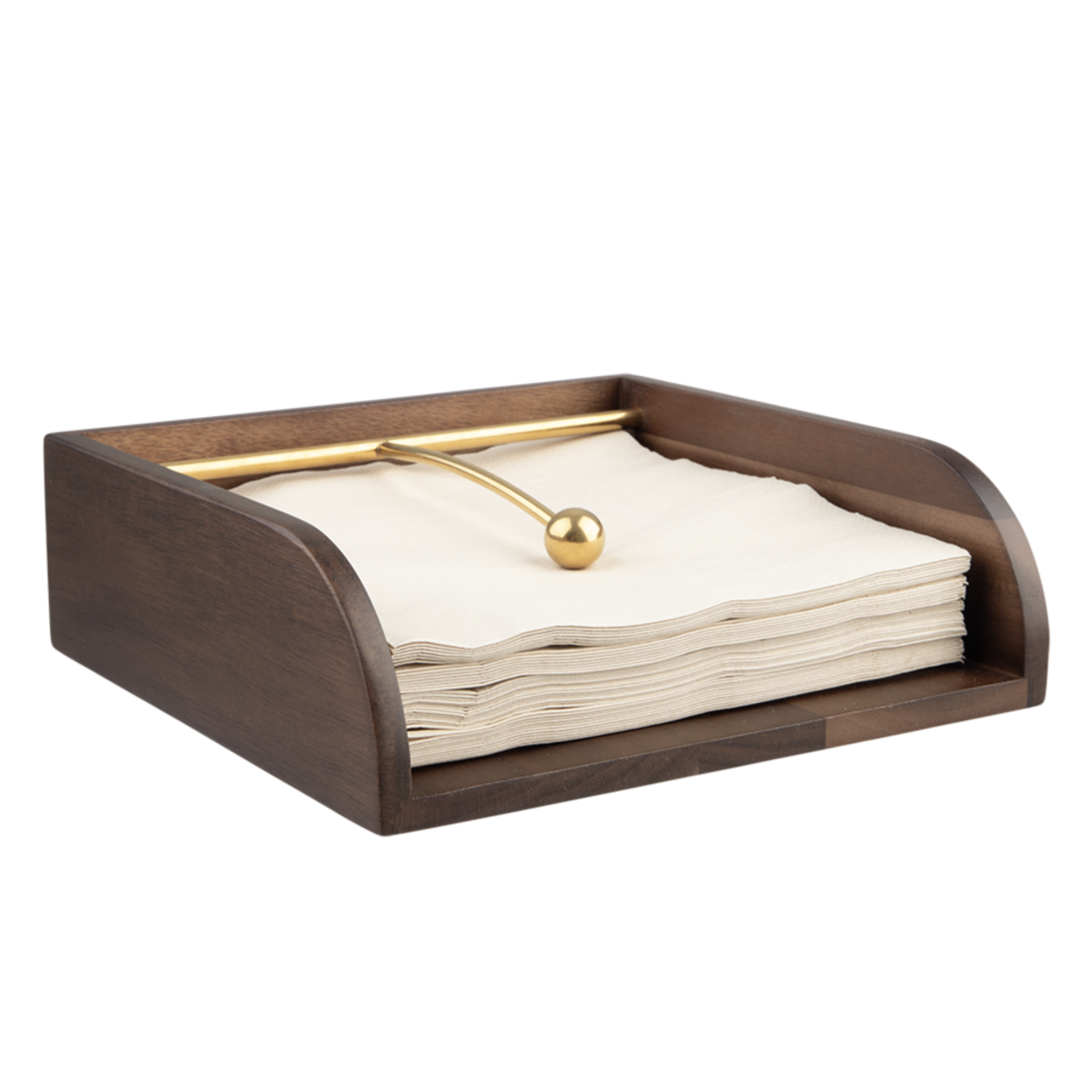 A dark brown wooden napkin holder tray containing folded cream-colored paper napkins and a polished gold metal rod with a decorative ball finial, shown on a plain white background.