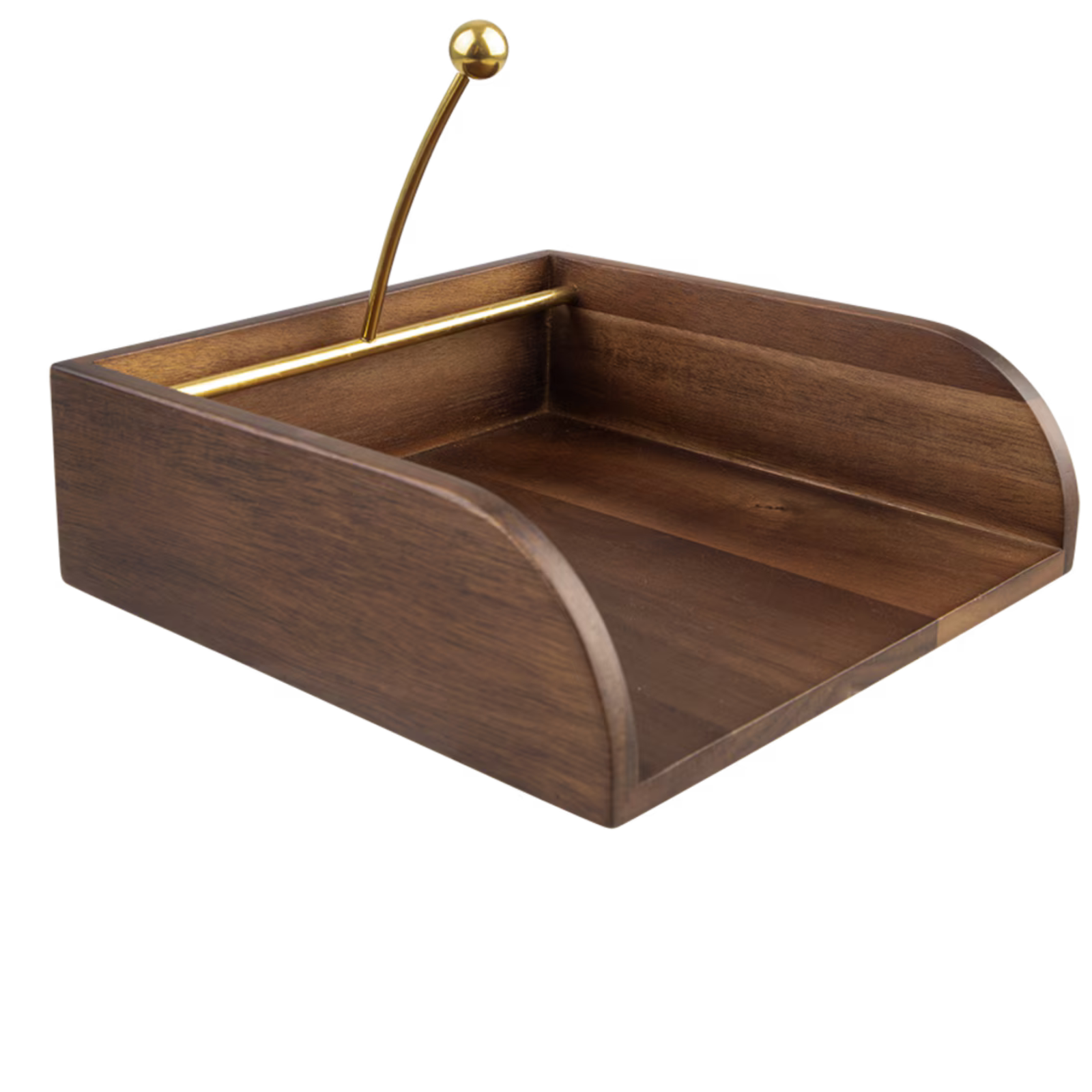 A dark brown wooden desk organizer tray with a curved front, a gold metal interior rail, and a gold desk stand with a spherical finial on a white background.