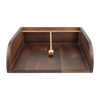 A dark brown wooden desk organizer tray with a gold metal horizontal bar and a central gold ball finial, shown on a plain white background.