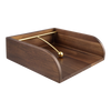 A dark brown wooden desk organizer tray with a curved front and a gold metal ball-topped rod inside, shown on a plain white background.
