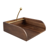 A dark brown wooden desk organizer tray with a curved front and a gold metal pen stand, shown on a plain white background.