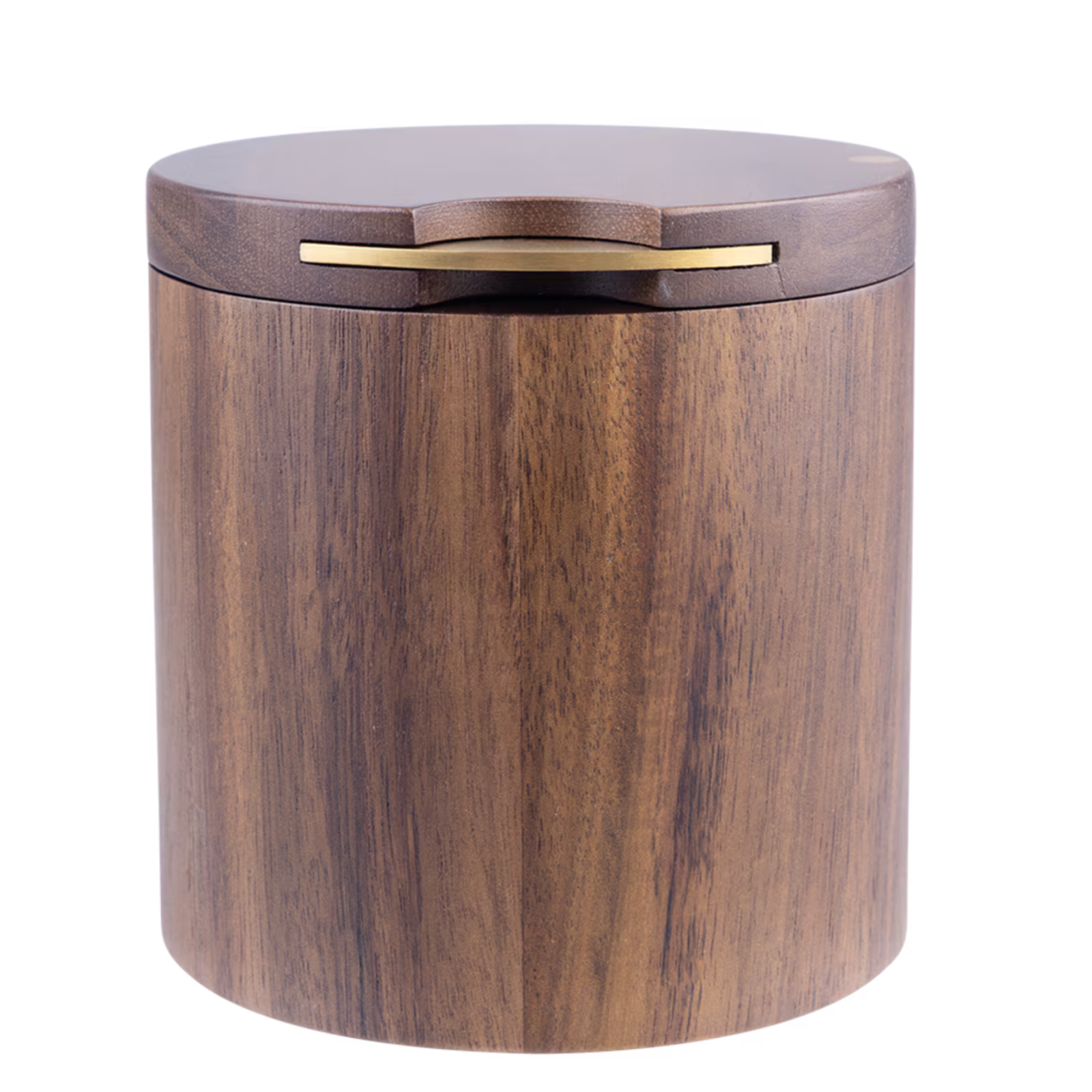 A cylindrical wooden storage box with a matching lid, featuring a warm brown wood grain finish and a polished brass handle on the lid, set against a plain white background.