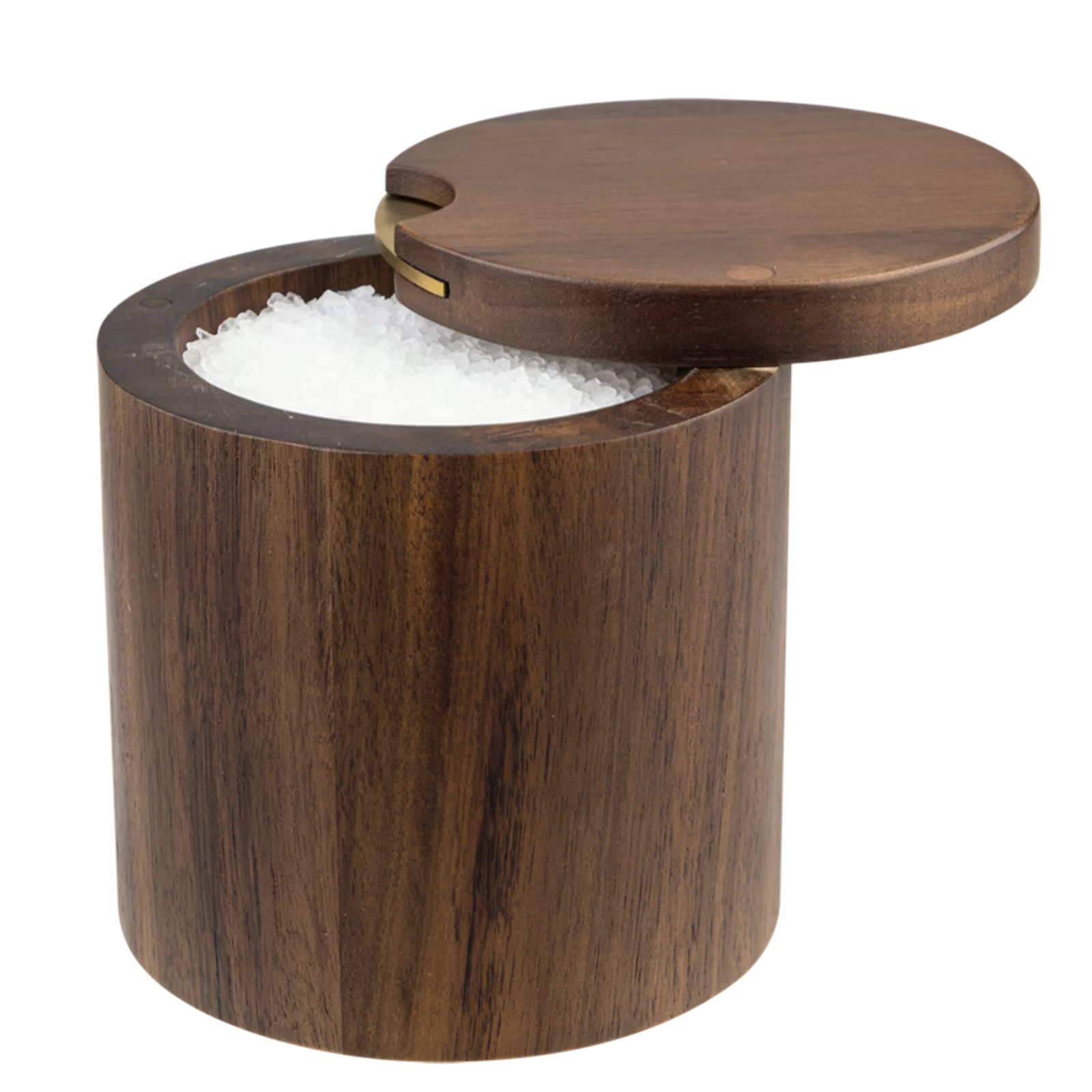 A cylindrical wooden salt or sugar container with a dark brown wood grain finish, shown open with white salt inside and a small brass accent on the lid, set against a plain white background.