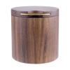 A cylindrical wooden storage container with a matching lid, featuring a warm brown wood grain finish and a polished brass handle on a white background.