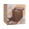 A wooden salt cellar in a cylindrical shape with a matching lid, shown inside its retail packaging box. The box features a kraft paper design with illustrations of garlic and salt, and text reading 'ALFRESCO LANE' and 'Acacia Wood Salt Cellar'.