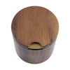 A round wooden caddy or organizer with a hinged lid, featuring a warm medium-brown wood grain finish and a brass-colored metal accent ring near the bottom.