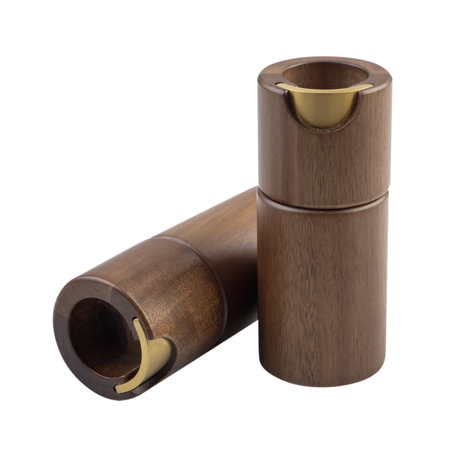 Two cylindrical wooden drink holders with a warm brown wood grain finish and a gold-colored interior rim, shown on a plain white background.