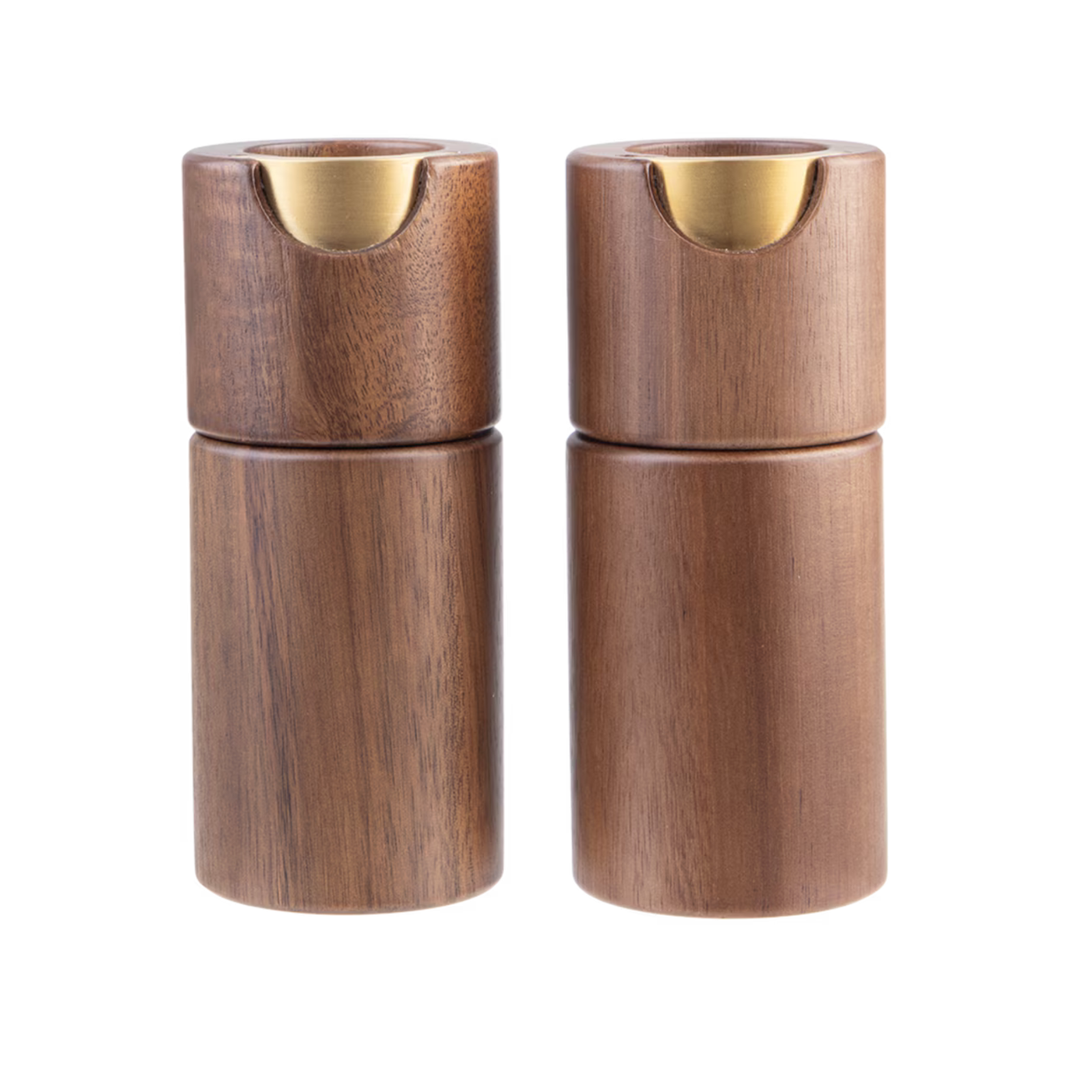 Two wooden cylindrical containers with a brushed gold metal insert at the top, shown side by side on a plain white background.
