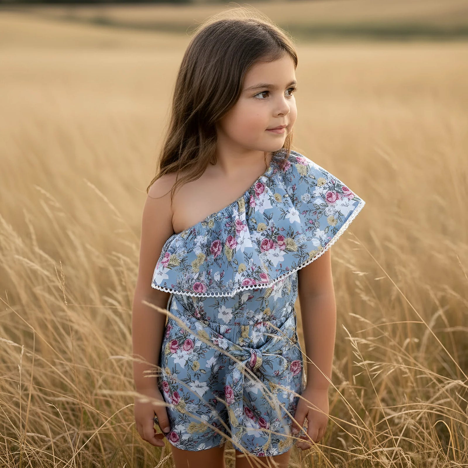 A young girl with long brown hair stands in a field of dry golden grass, wearing a light blue one-shoulder floral romper with a ruffled neckline and a tie waist.