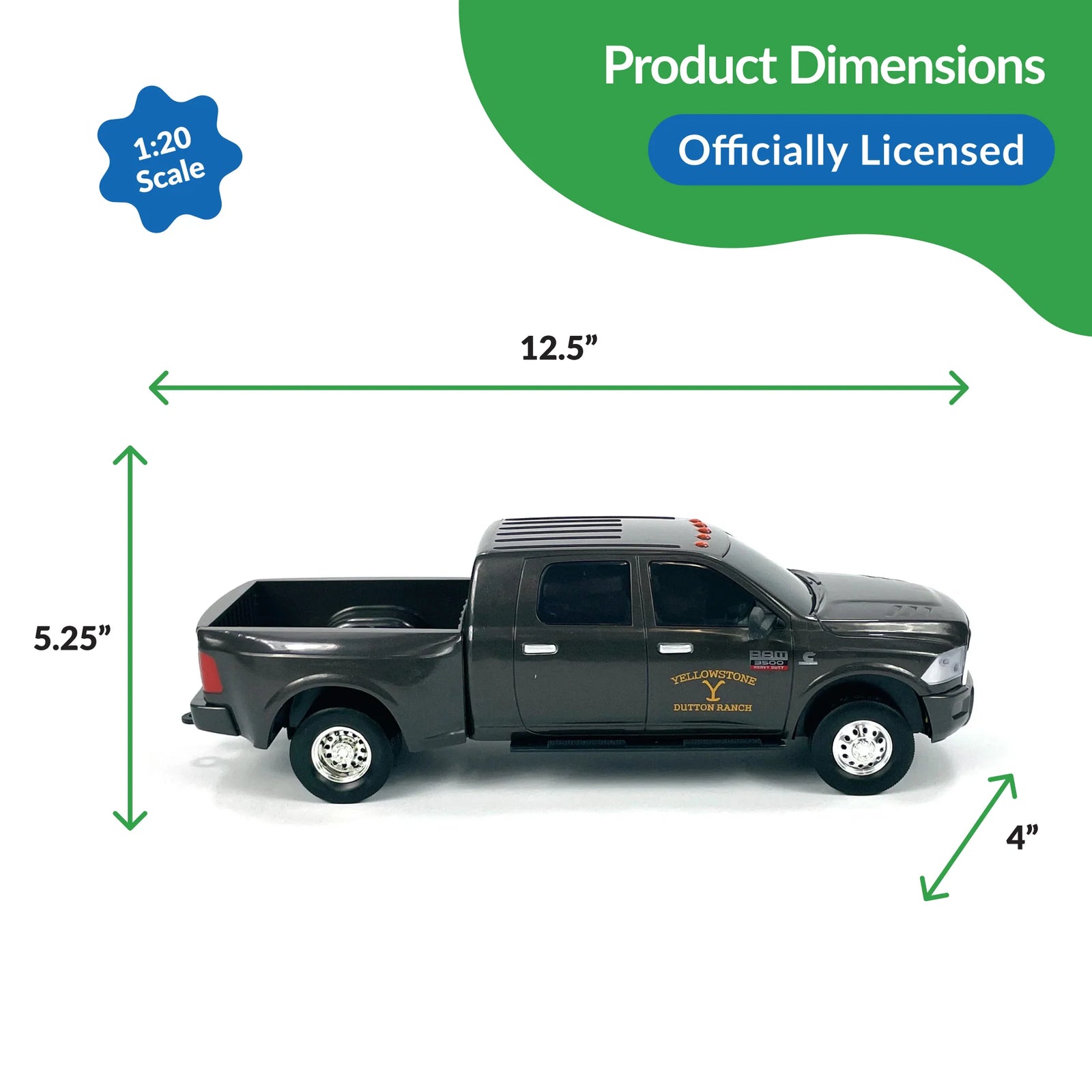 Big Country Toys Yellowstone John Dutton Ram Truck. Model truck with dimensions labeled on a white background